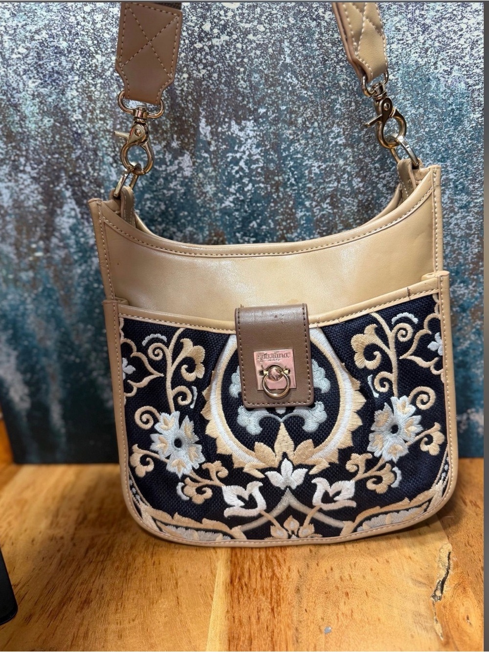 Spartina 449 Navy and Beige Embroidered Shoulder Bag